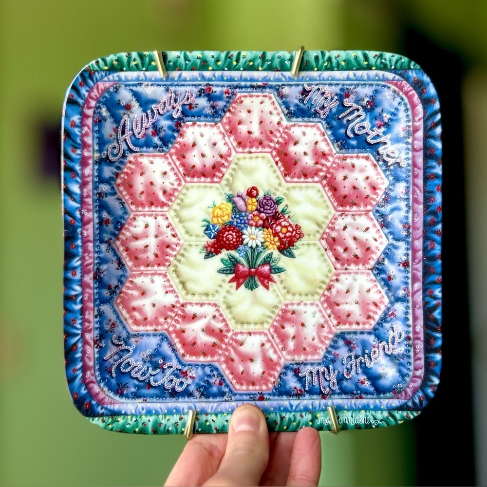 VTG Vibrantly Colored Faux Stitch Quilted Square Plate Mom + Friend Wall Art